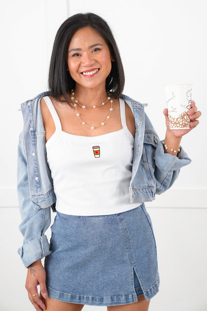 White Tank Top with Embroidered "Coffee Cup" Detail