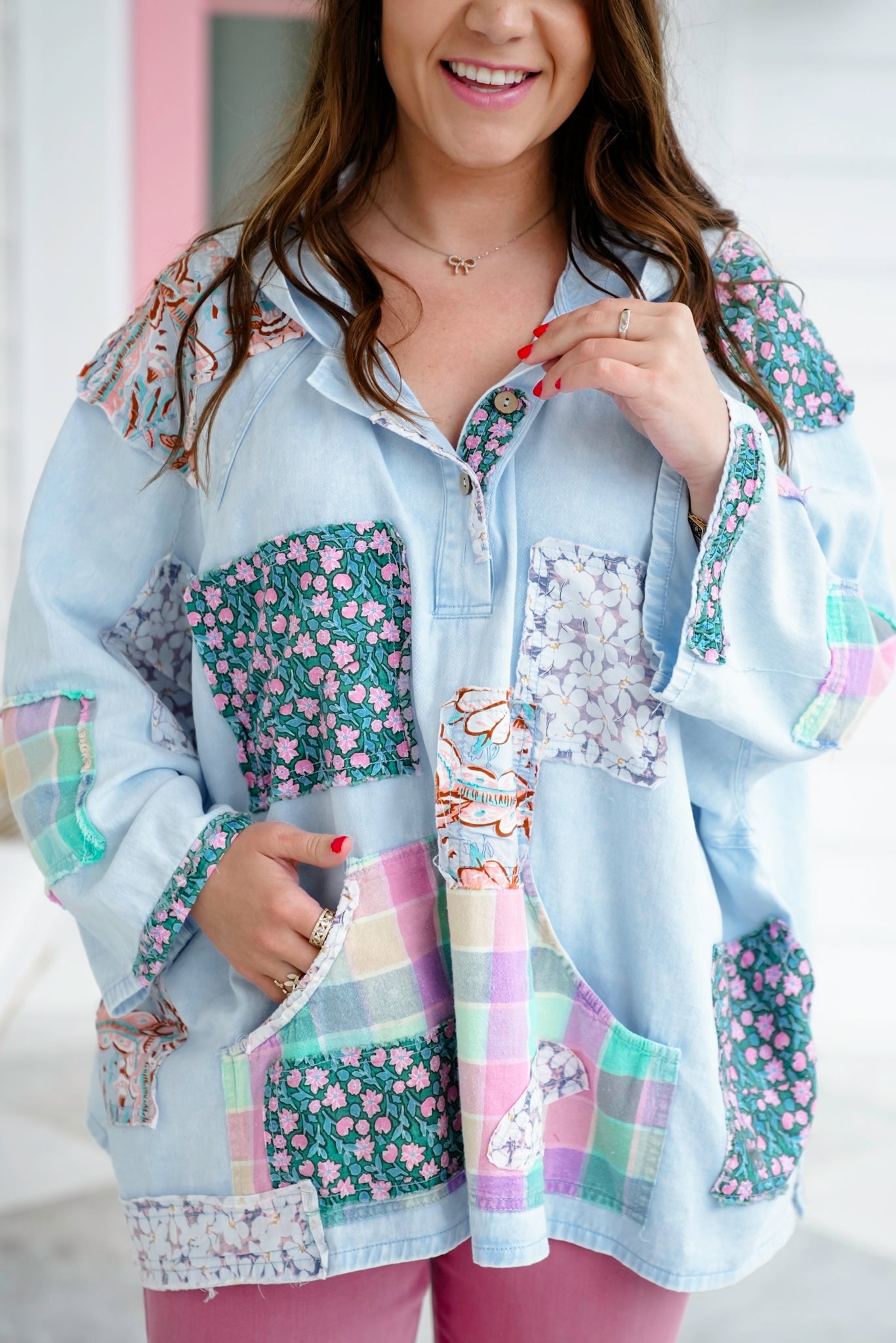 Patchwork 3/4 Sleeve Button Up Hooded Top
