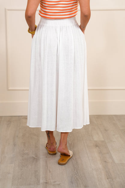 White Front Pleated Midi Skirt with Side Pockets