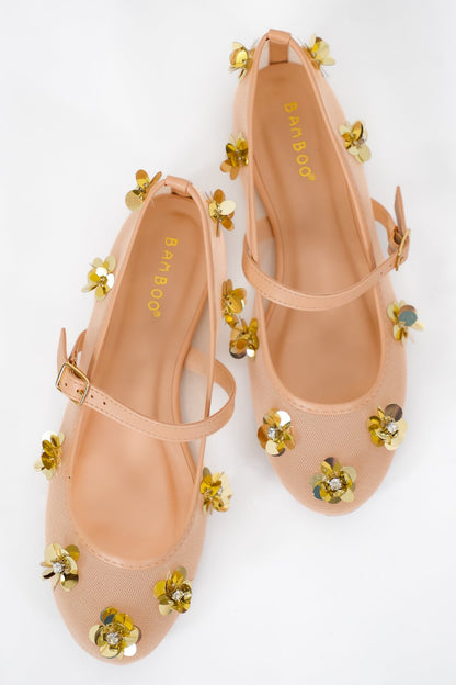 Elegant Mesh Mary Jane Flats with Gold Floral Embellishments