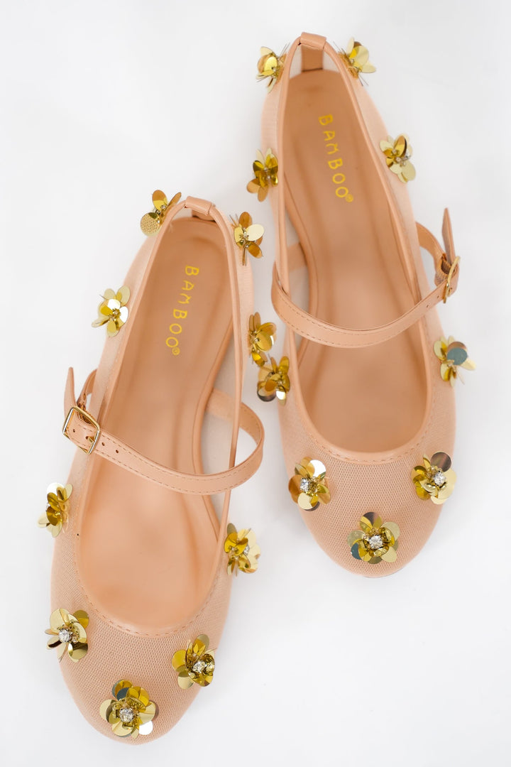 Elegant Mesh Mary Jane Flats with Gold Floral Embellishments