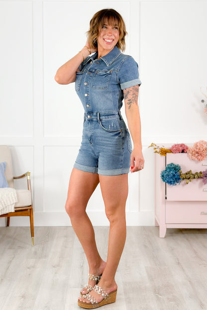 Plus/Reg Wildflower Judy Blue Denim Short Sleeve High Waist Romper