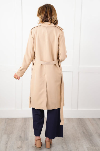 Long Sleeve Open Front Belted Trench Coat