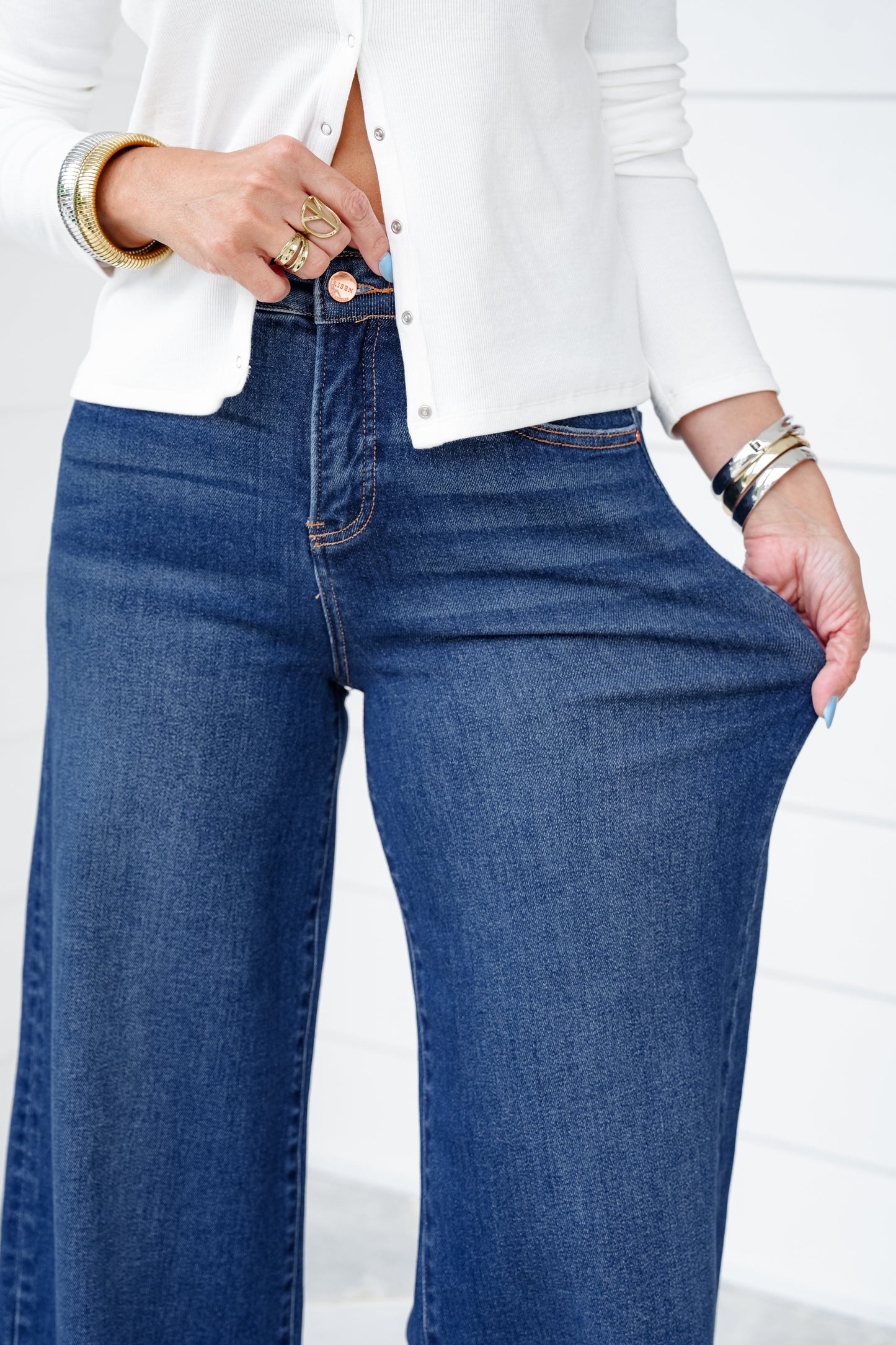 Risen High Rise Dark Wash Tummy Control Cuffed Wide Leg Jeans