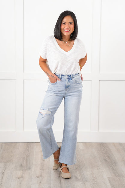 Mica High Rise Light Wash Raw Hem Wide Leg Jeans