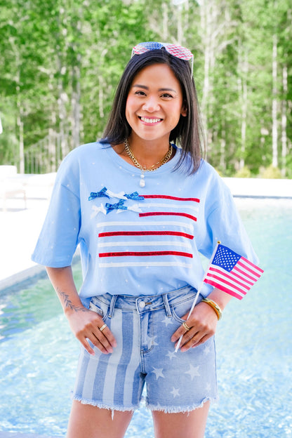Short Sleeve Ribbon American Flag Top with Bow Detail