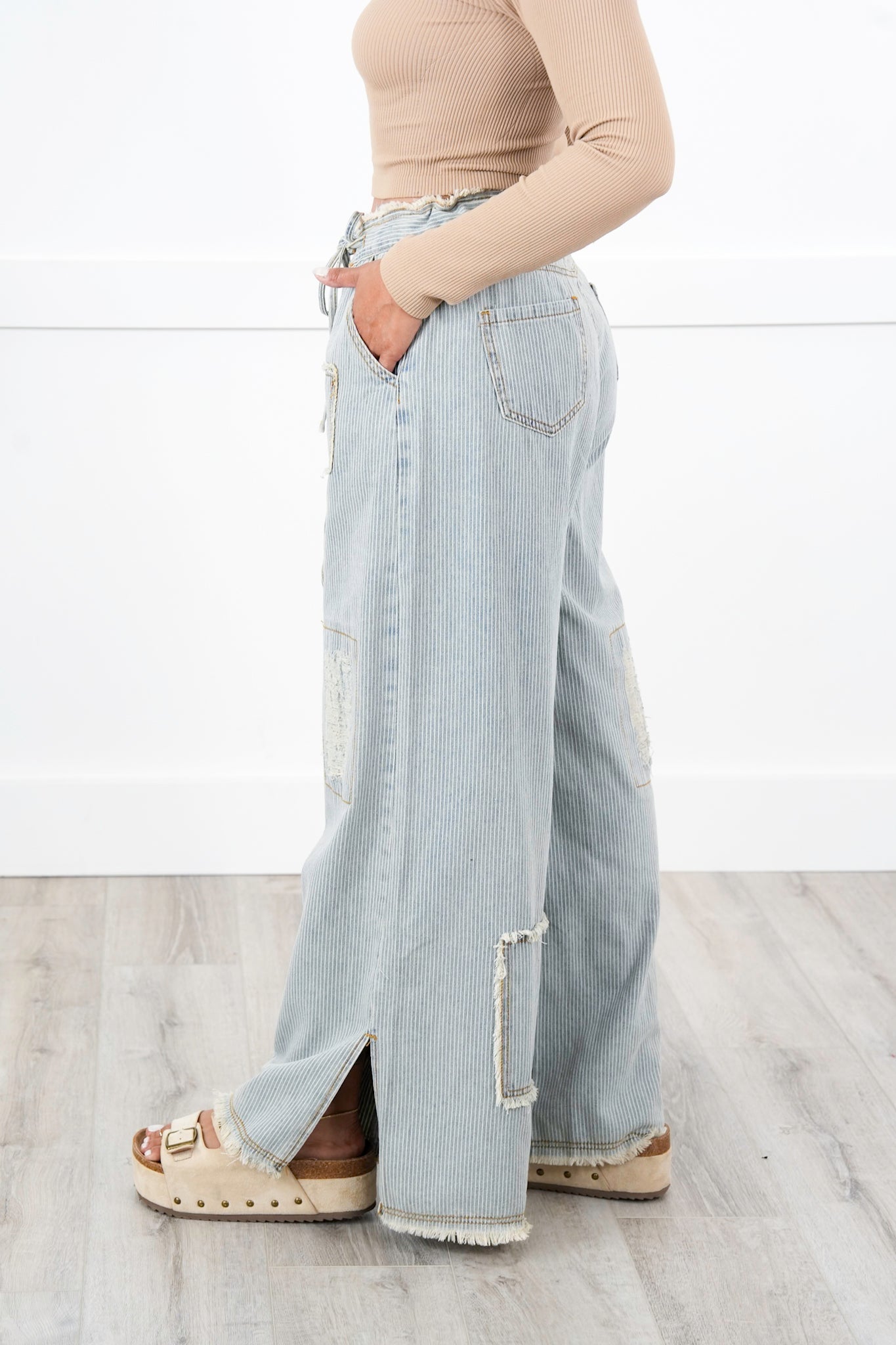 POL Denim Striped Wide Leg Pants With Distressing Detail