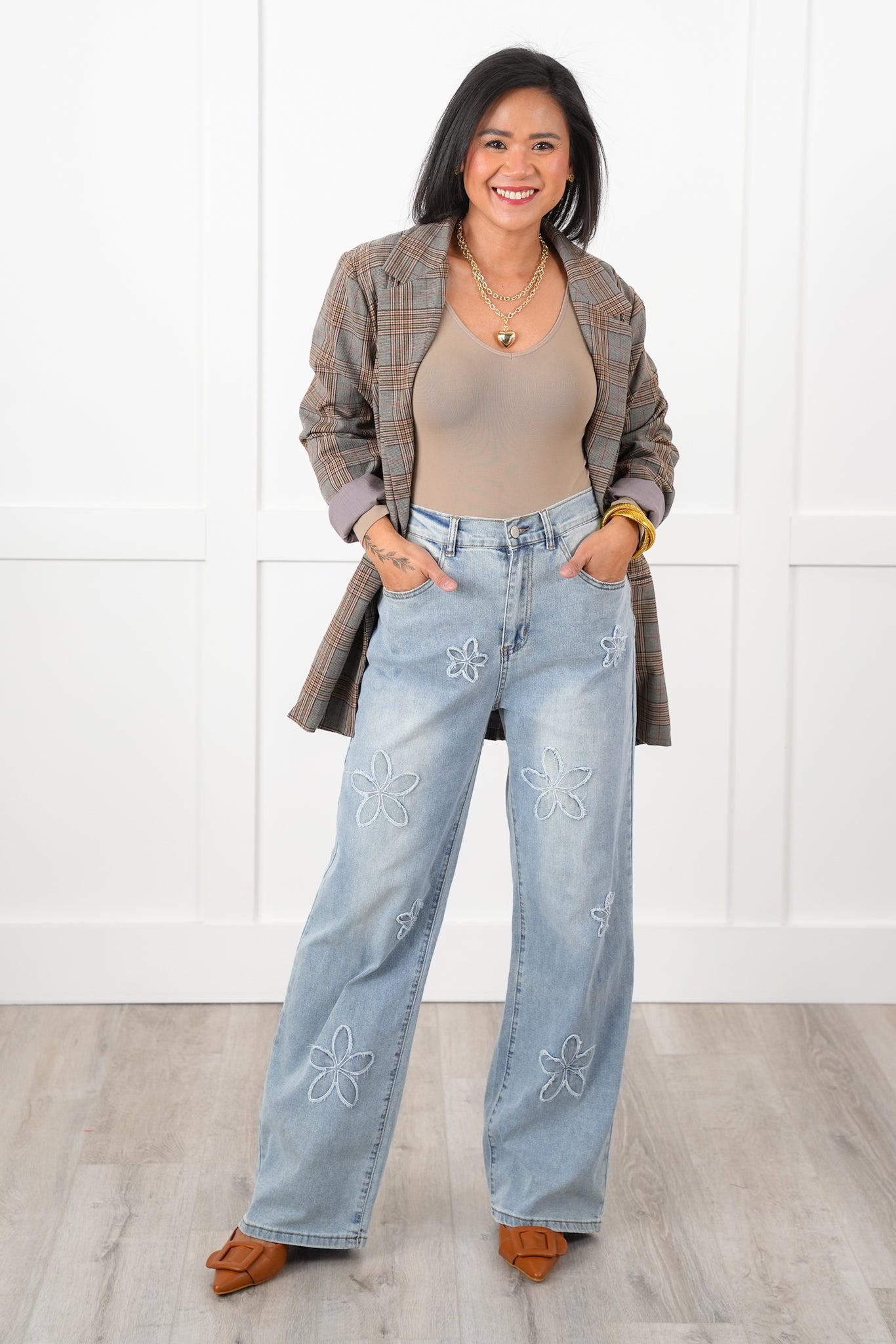 Flower Patch Denim Pants with Elastic Back Detail