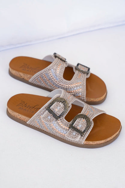 Blowfish Studded Cork Slide Sandals with Adjustable Buckle Detail
