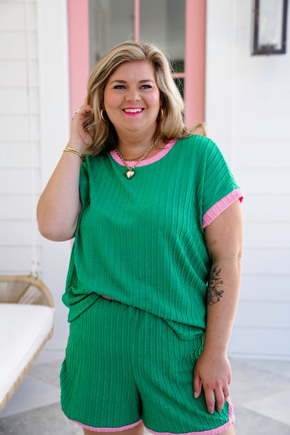 Plus/Reg Cable Knit Short Sleeve Top with Contrast Detail