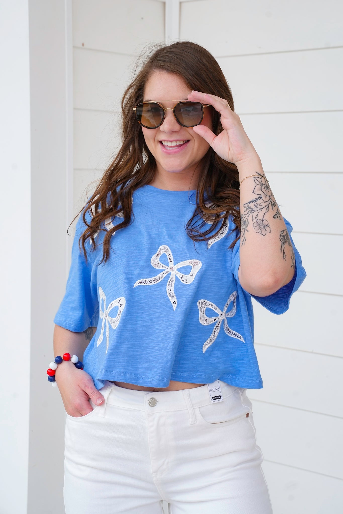 Short Sleeve Crop Top with Lace Bow Detail