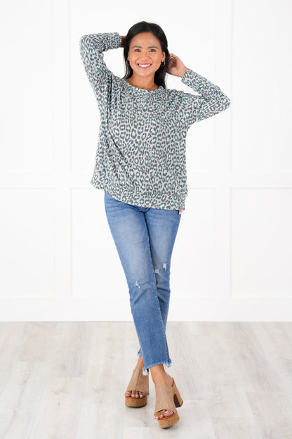 Plus/Reg Grey And Mint Leopard Long Sleeve Pullover Top