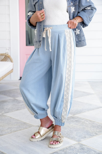 Pleated Elastic Waist Joggers with Lace Detail