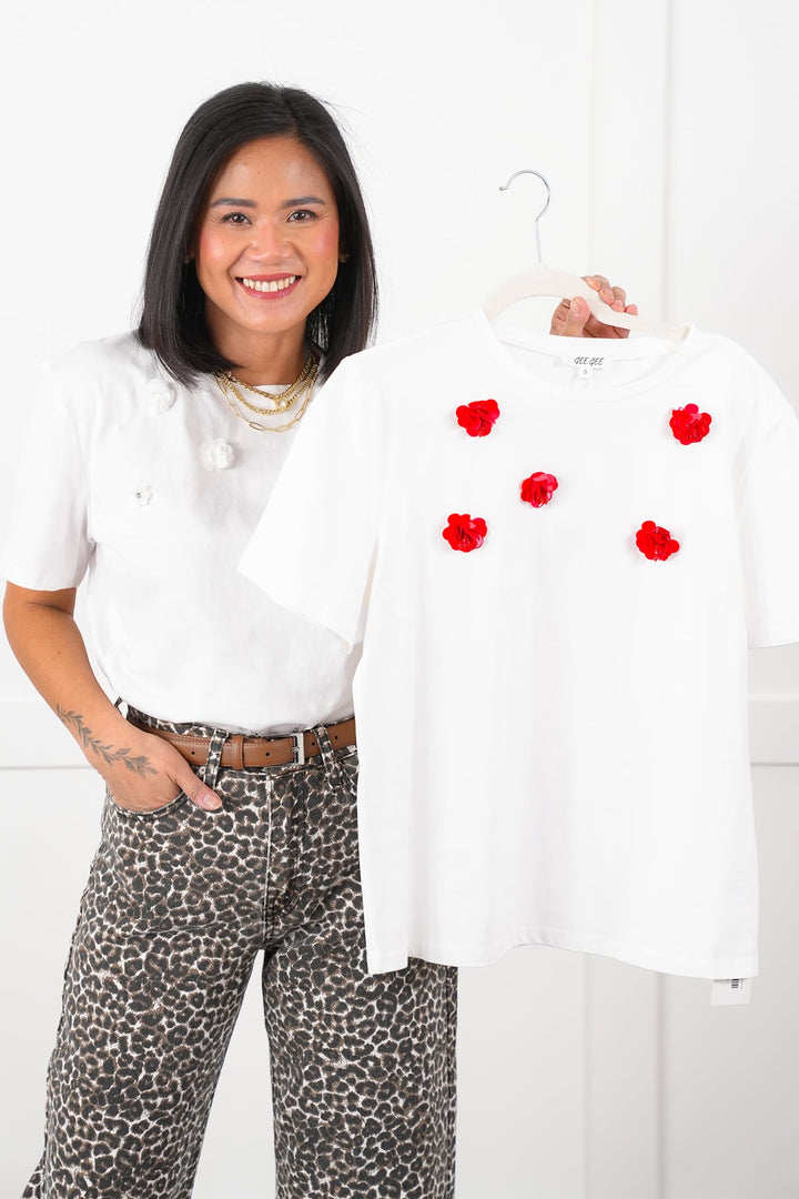 Short Sleeve Tee Shirt with Flower Applique Detail