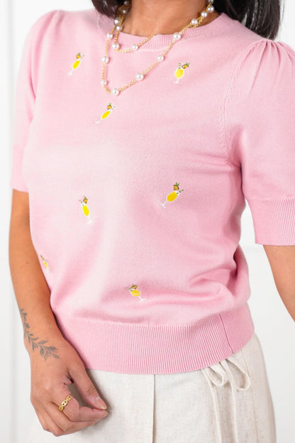 All Over Embroidered Tropical Drink Short Sleeve Knit Top
