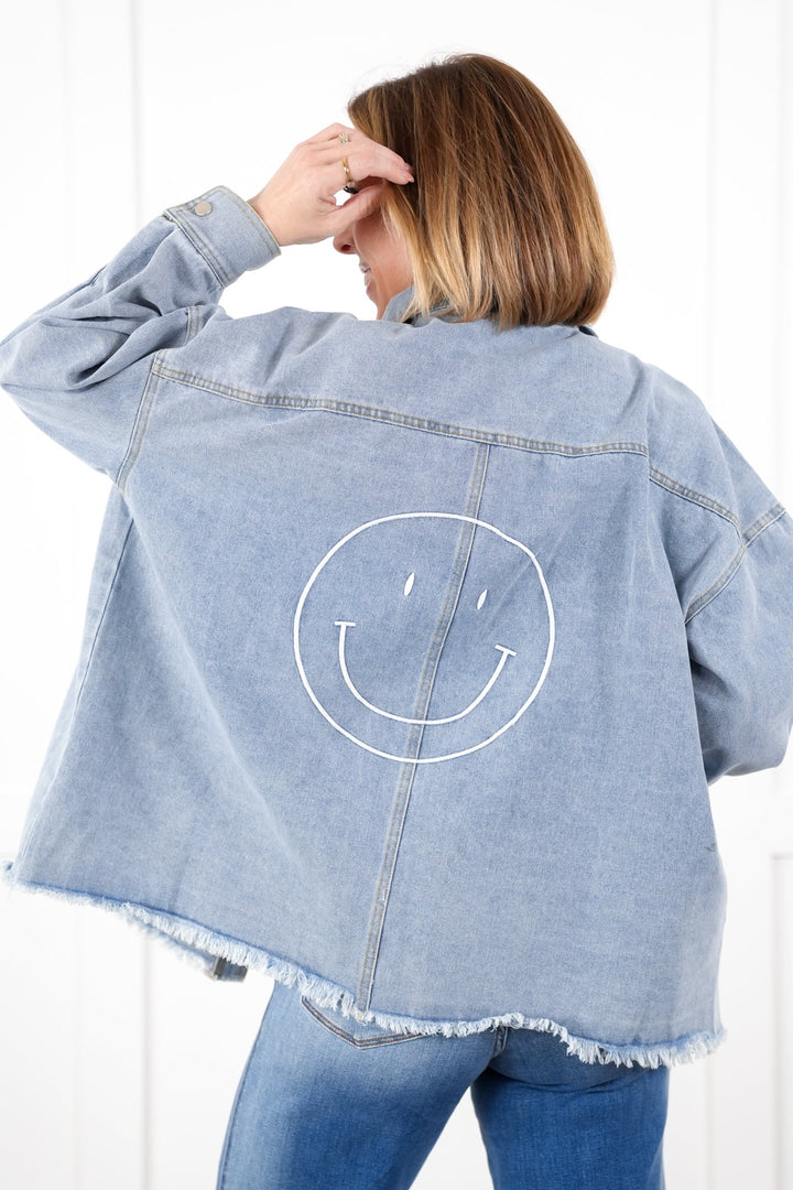 Plus/Reg Denim Long Sleeve Snap Button Down Jacket with Smiley Face Detail