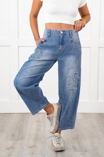 Washed Denim Barrell Jeans with Flower Patch Detail