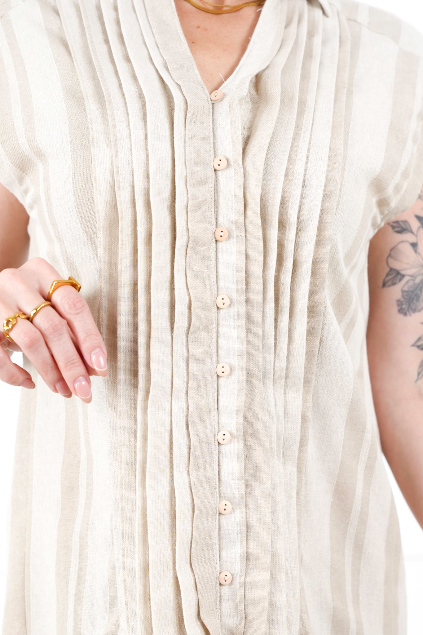 Striped Short Sleeve Button Down Dress with Pintuck Detail