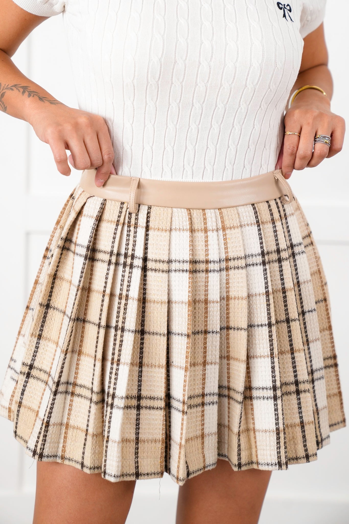 Ivory Plaid Pleated Skirt with Side Zipper