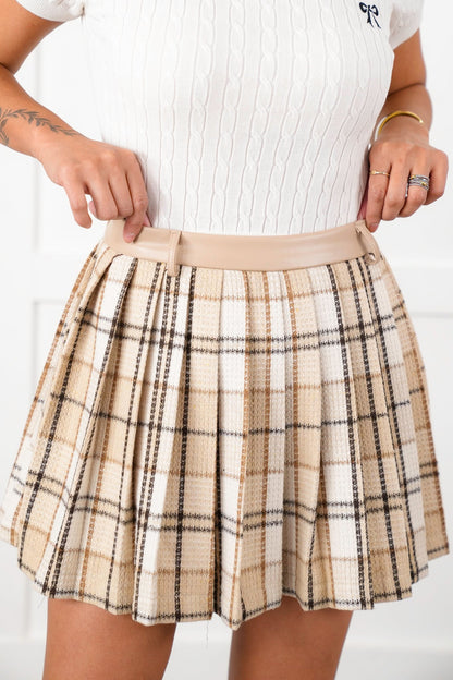 Ivory Plaid Pleated Skirt with Side Zipper