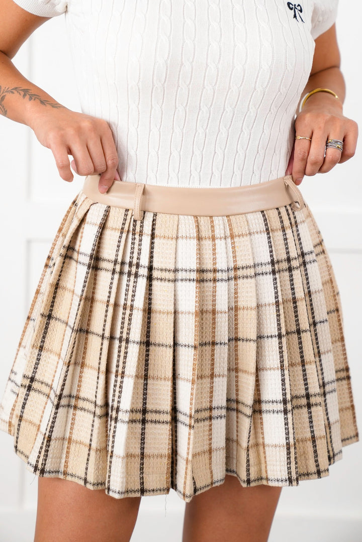 Ivory Plaid Pleated Skirt with Side Zipper