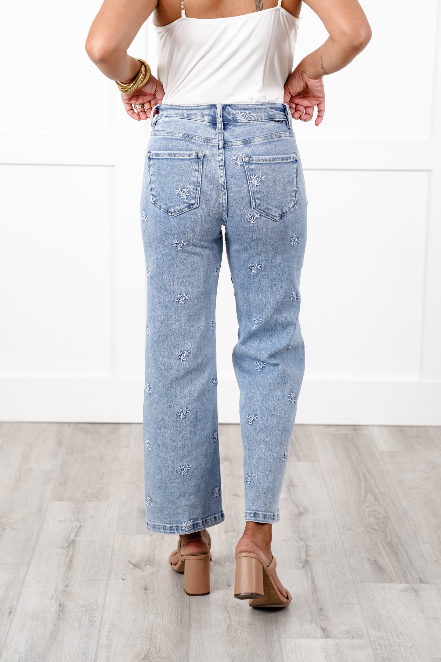 Risen High Rise Light Wash Tummy Control Embroidered Cropped Wide Leg Jeans