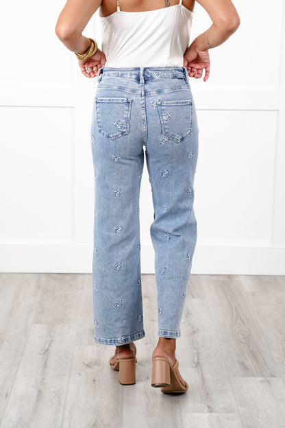 Risen High Rise Light Wash Tummy Control Embroidered Cropped Wide Leg Jeans