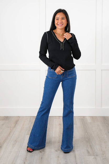 POL Black Ribbed Knit Long Sleeve Button Up Top with Seam Detail