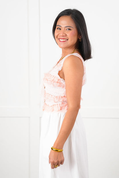 POL Woven Lace Ruffle Sleeveless V Neck Crop Top