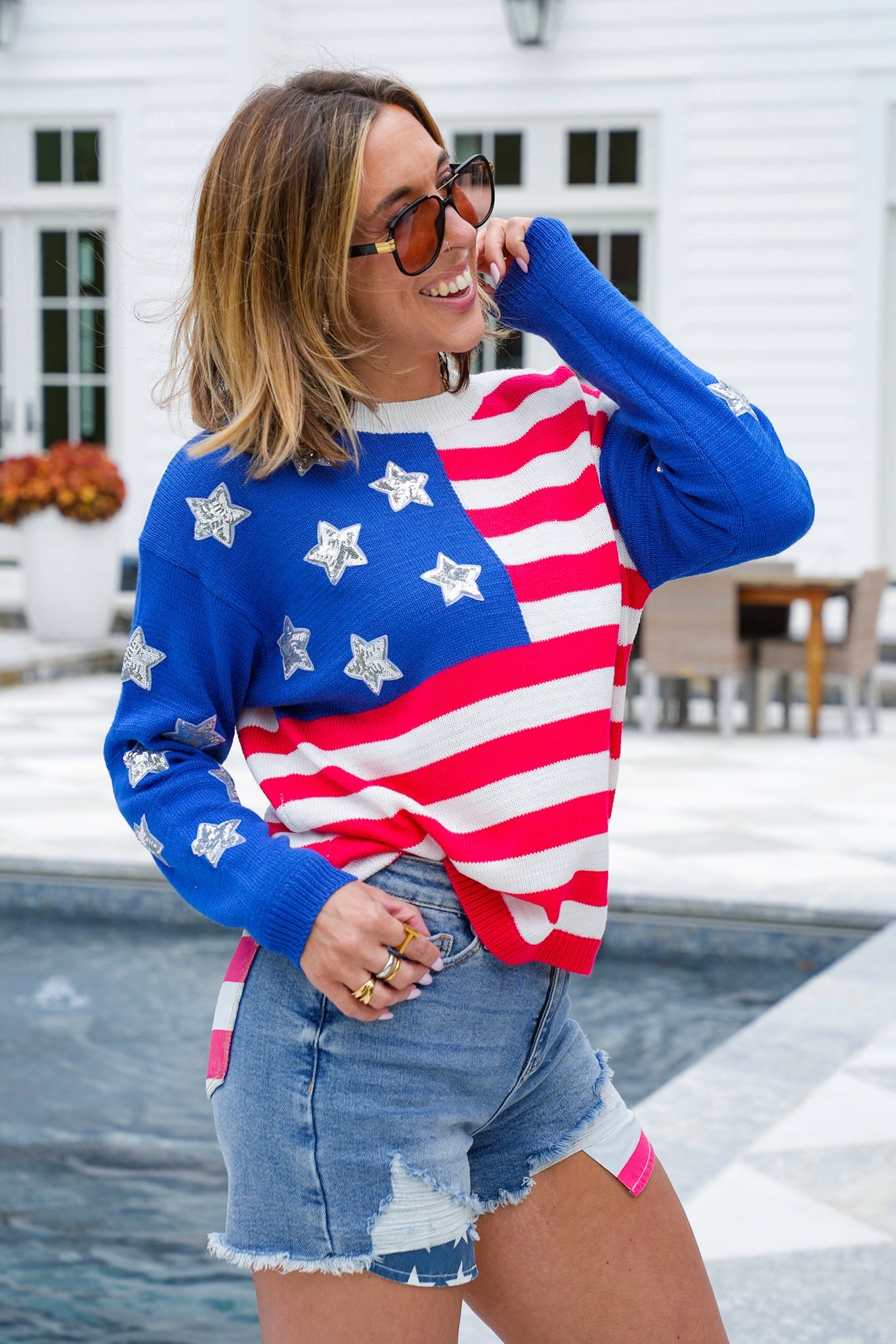Restock! American Flag Long Sleeve Pullover Sweater with Sequin Detail
