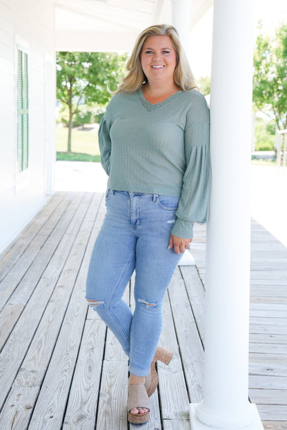 Knit Long Sleeve V Neck Top with Lace Detail (Multiple Colors)