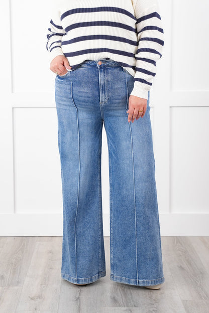 Risen High Rise Medium Wash Pintuck Detailed Wide Leg Jeans