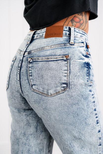 Judy Blue  Bad Blood High Rise Light Mineral Wash Raw Hem Wide Leg Jeans