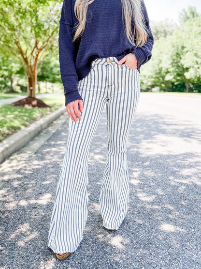 Judy Blue Long Inseam White Pinstripe Super Flare Jeans