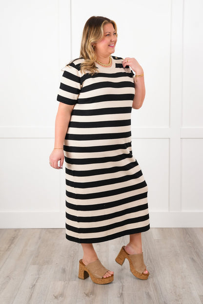 Wide Stripe Short Sleeve Crew Neck Knit Dress with Button Detail