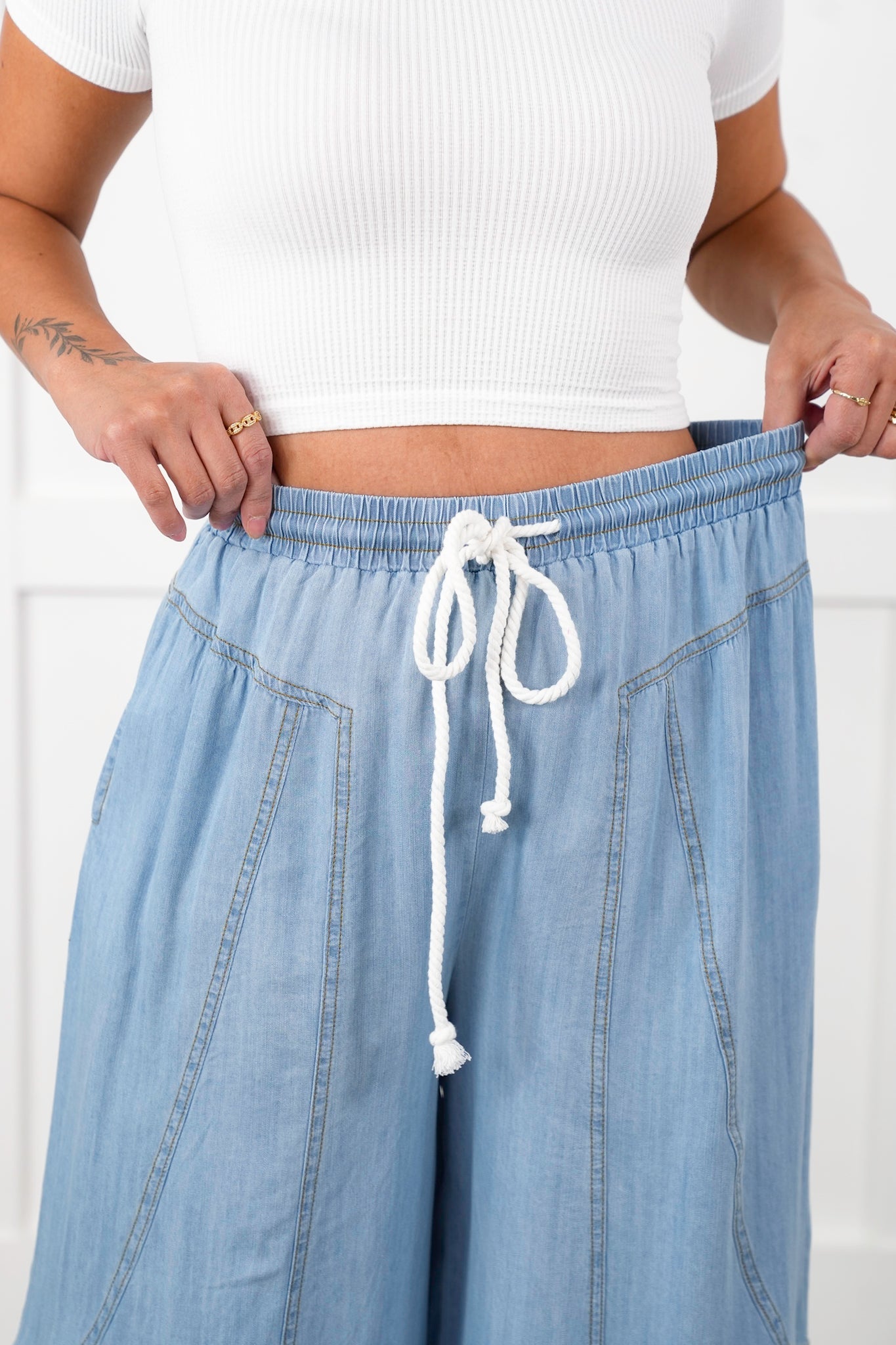 Plus/Reg Chambray Elastic Waist Wide Leg Palazzo Pants