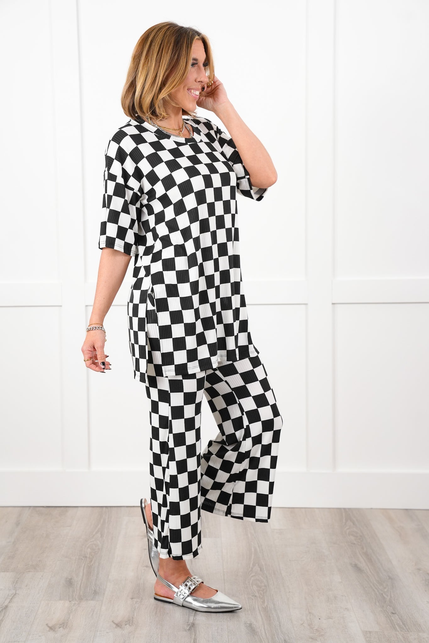 Plus/Reg Ribbed Checkered Short Sleeve Tunic Top and Pants Set