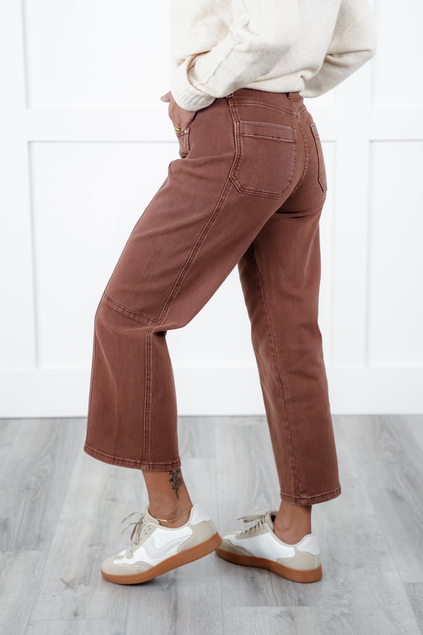 Risen High Rise Brown Cropped Wide Leg Barrel Jeans