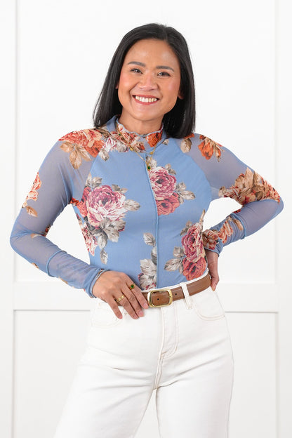 Plus/Reg Blue Floral Long Sleeve Mock Neck Mesh Top