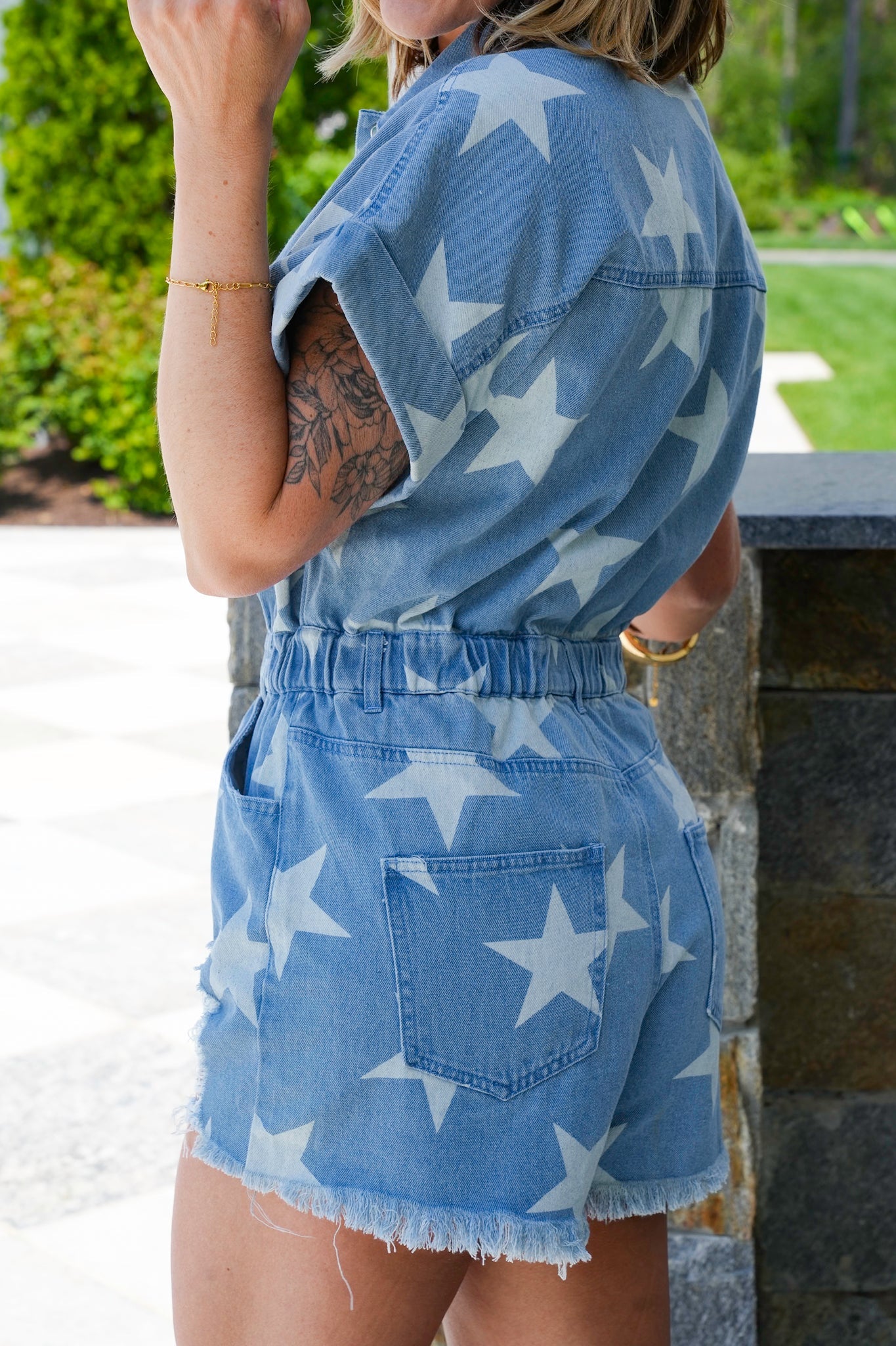 Star Print Distressed Denim Short Sleeve Romper
