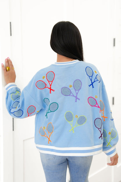 Plus/Reg Queen Of Sparkles Long Sleeve Sweatshirt With Tennis Detail