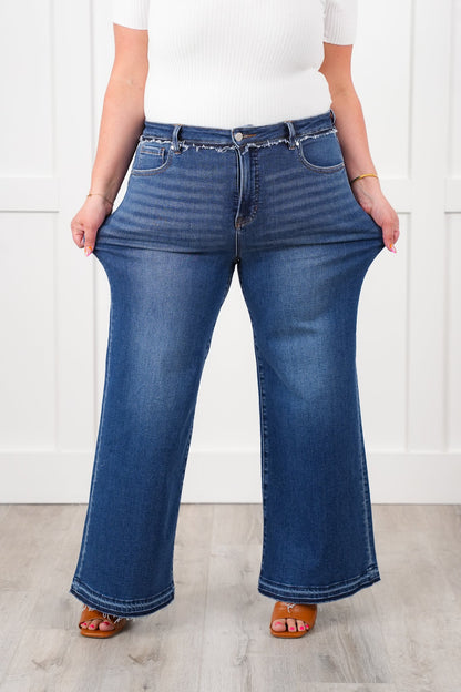 Risen High Rise Dark Wash Tummy Control Wide Leg Jeans with Released Hem