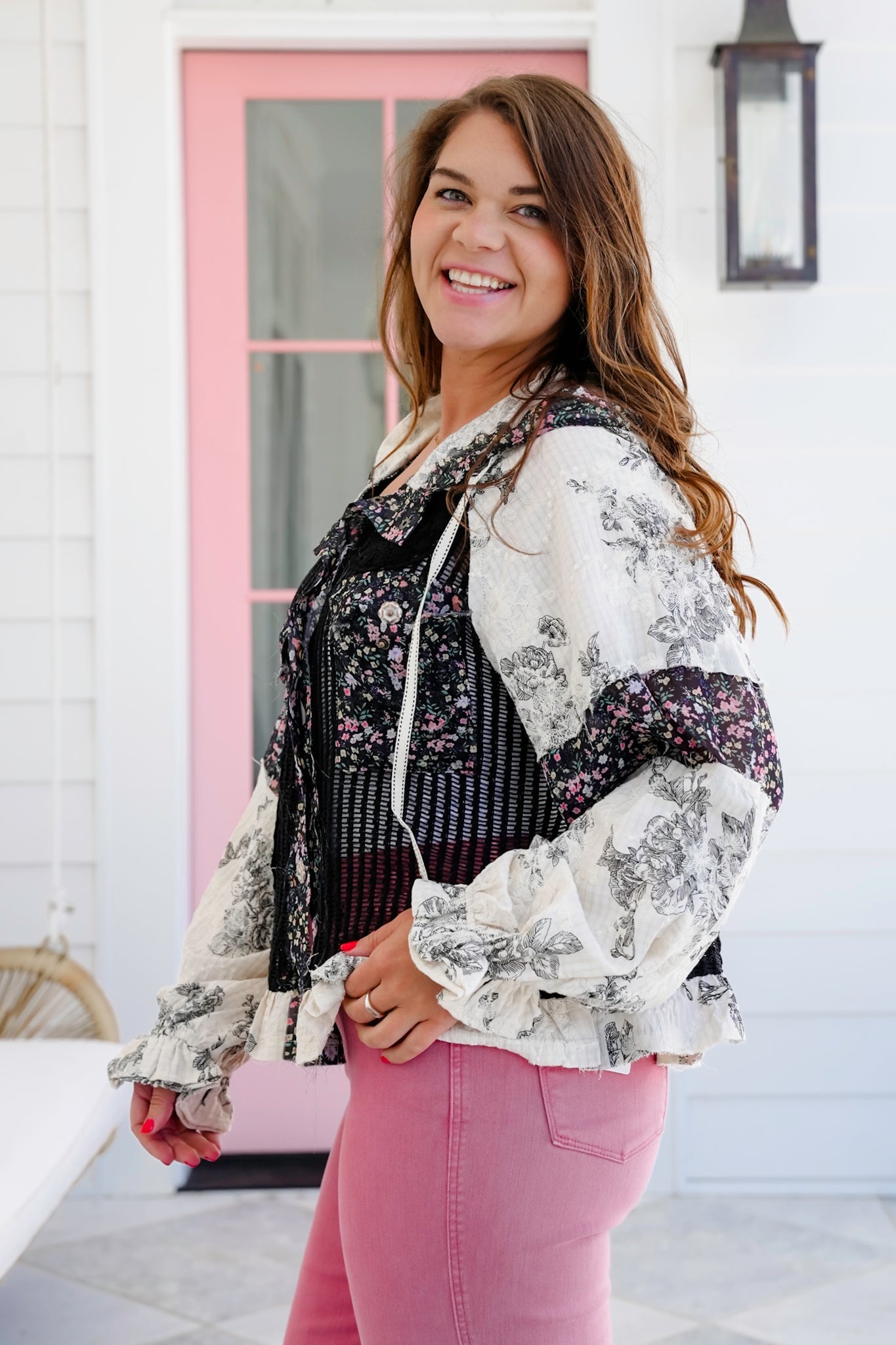POL Floral and Crochet Long Sleeve Button Down Hooded Jacket