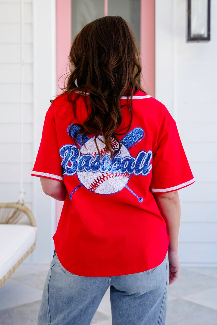 Red Short Sleeve Button Down Baseball Top with Sequin Detail
