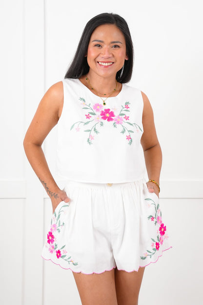 Sleeveless Floral Embroidery Top with Shorts Set