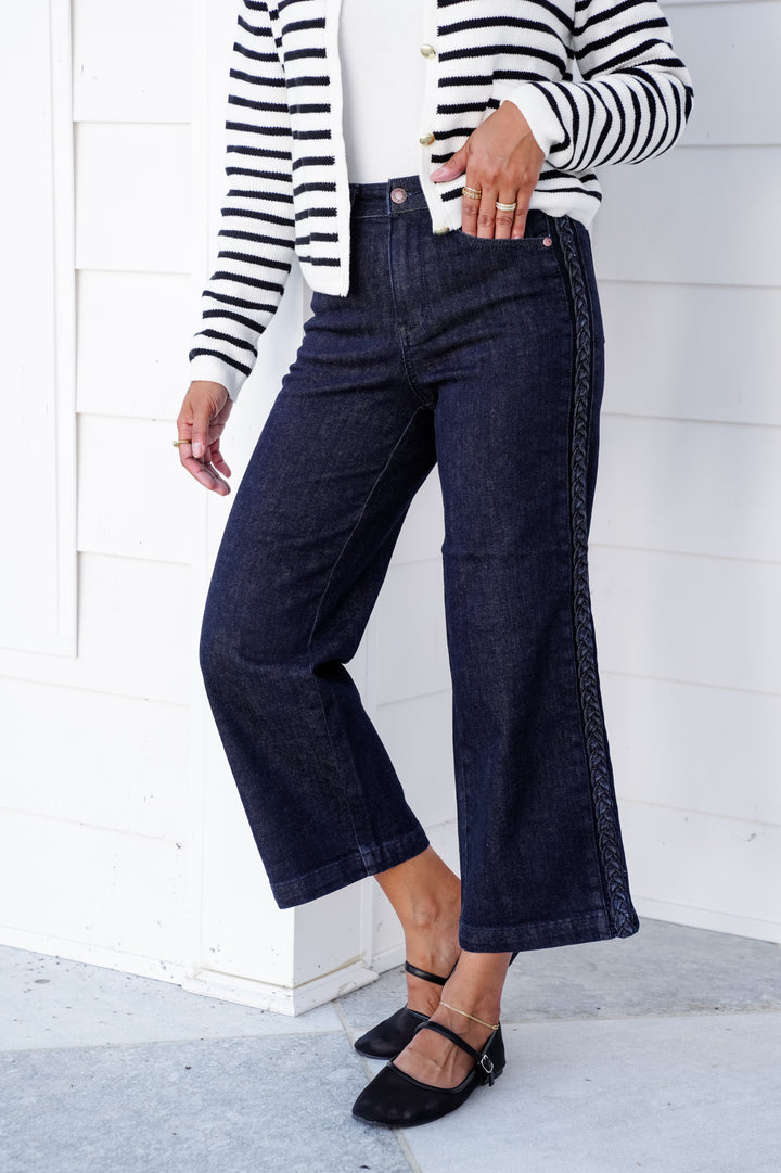 Judy Blue High Rise Dark Wash Cropped Jeans with Side Seam Braid Detail