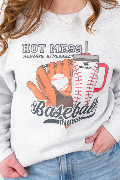Plus/Reg Long Sleeve Hot Mess Baseball Mama Graphic Sweatshirt