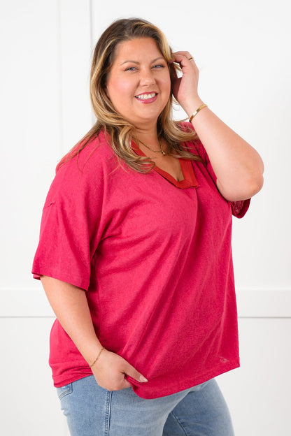 POL Stone Wash Short Sleeve V-Neck Top