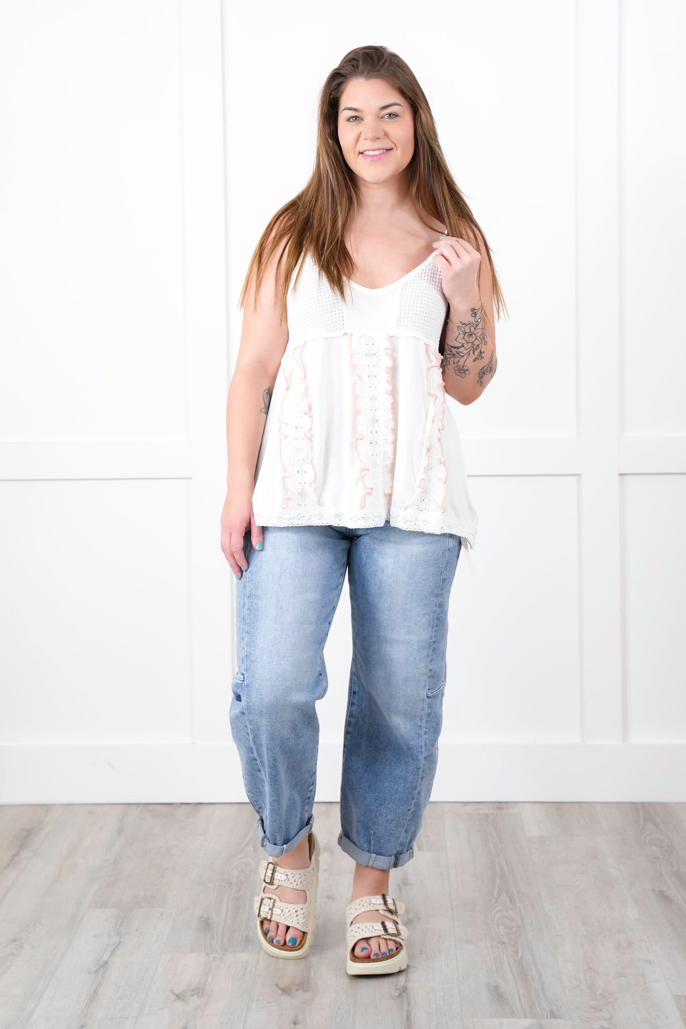 POL Sleeveless V Neck Knit Top with Ruffle Detail