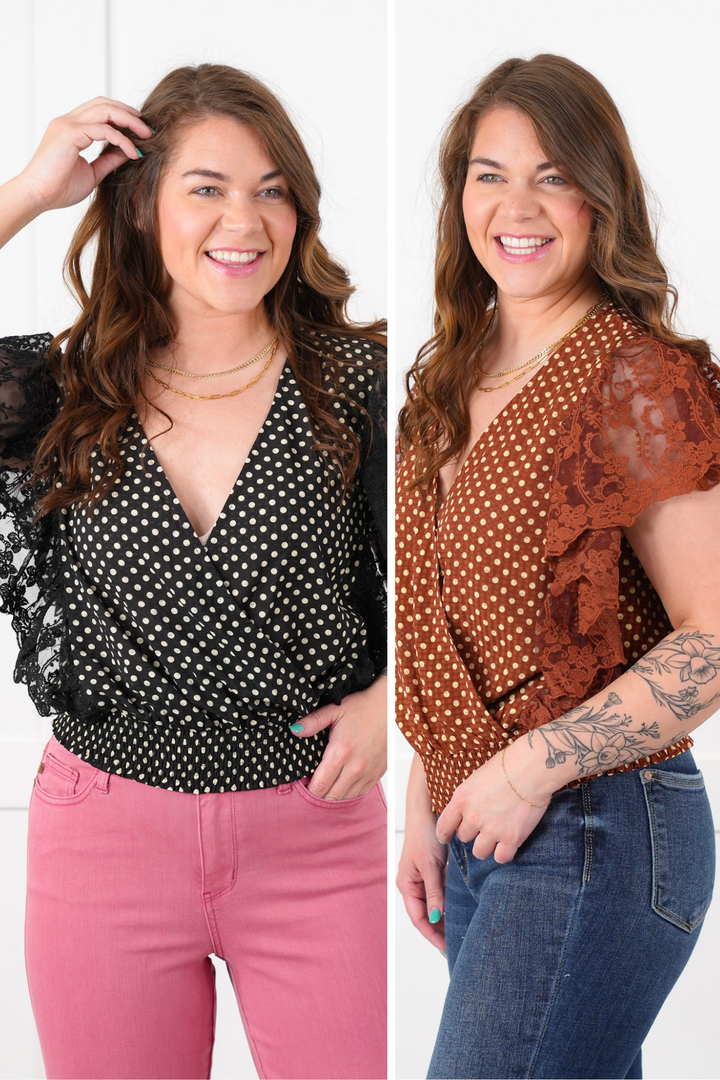 Polka Dot Short Ruffle Sleeve Wrap Top with Lace Detail
